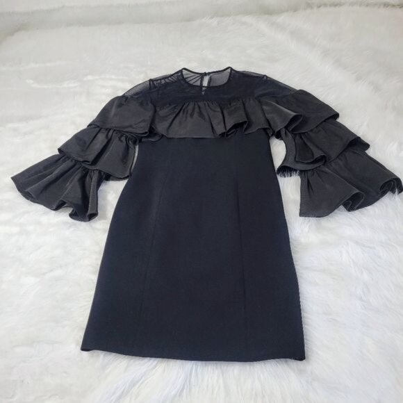Cinq a Sept Valentina Ruffle Sleeve Mesh Shoulder Black Mini Dress 0 - Picture 11 of 11